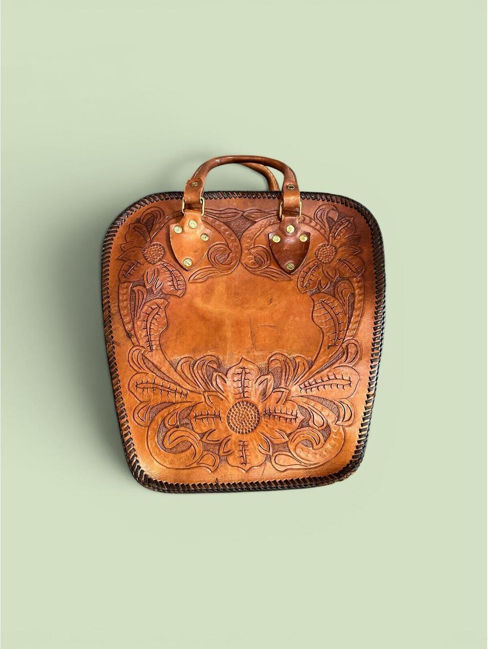 Vintage Hand Tooled Leather Bowling Bag Restored Western Artisan Floral Satchel